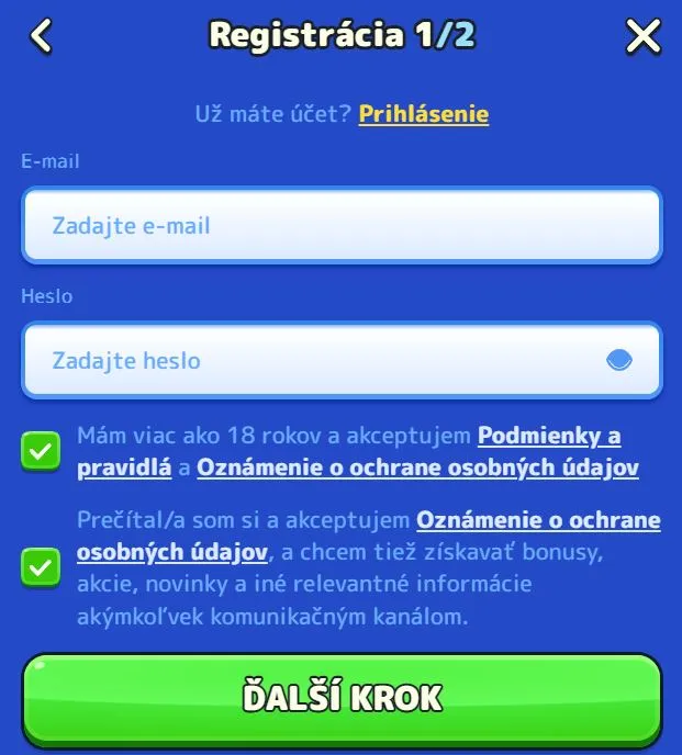 Registrácia v kasíne Pistolo